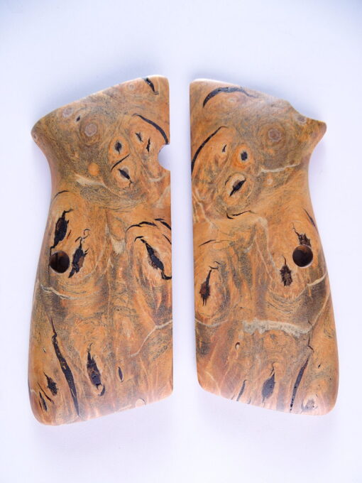 Hi-Power stabilized Buckeye Burl wood grips, smooth