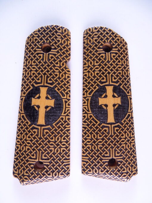 1911 grips, Celtic Cross with Celtic checkering engraved in Ivorywood