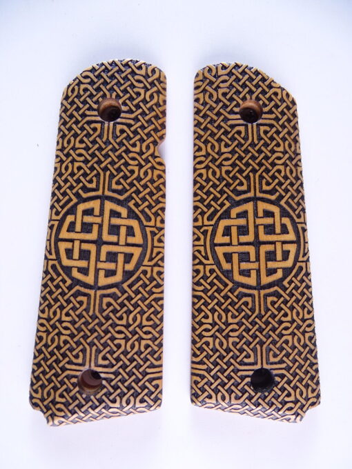 1911 grips, Celtic Sunrise emblem with Celtic checkering engraved in Ivorywood