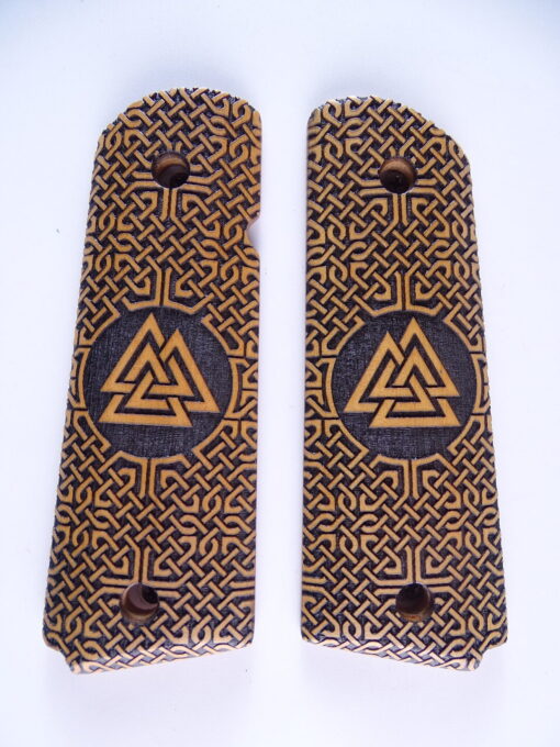 1911 grips, Valknut viking emblem with Celtic checkering engraved in Ivorywood