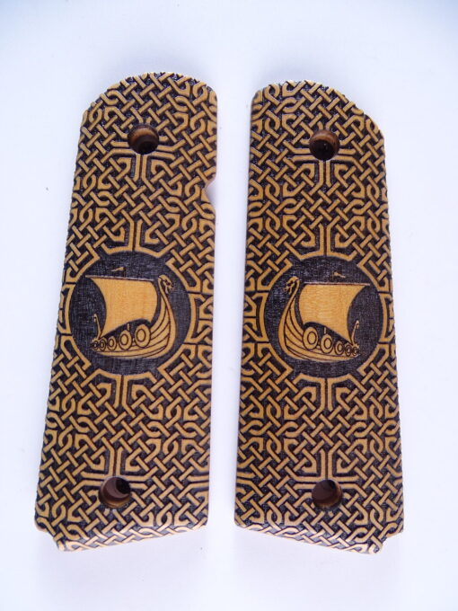 1911 grips, Viking Longboat with Celtic checkering engraved in Ivorywood