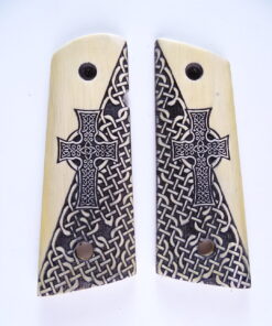 Officer size grips, Celtic Iona Cross with Celtic checkering engraved in Ivorywood
