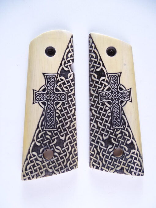 Officer size grips, Celtic Iona Cross with Celtic checkering engraved in Ivorywood