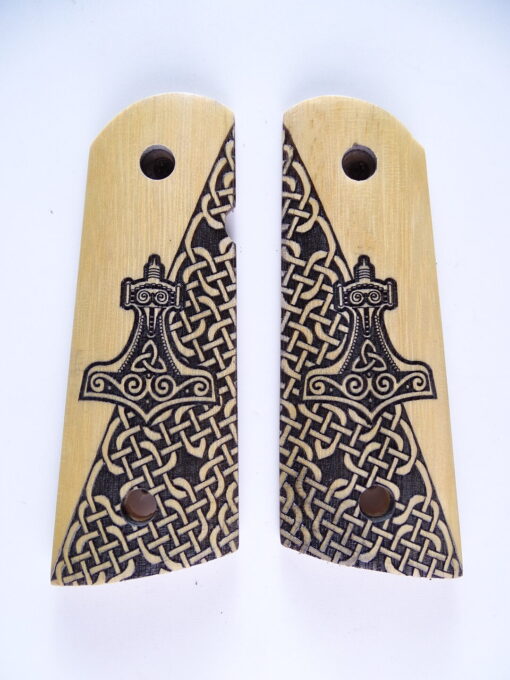 Officer size grips, Thors Hammer with Celtic checkering engraved in Ivorywood