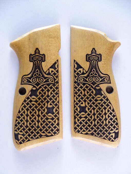 Hi-Power grips, Thors Hammer with Celtic checkering engraved in Ivorywood