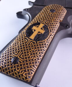 Alternative view of 1911 grips, Celtic Cross with Celtic checkering engraved in Ivorywood