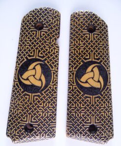 1911 grips, Triple Horn of Odin viking emblem with Celtic checkering engraved in Ivorywood