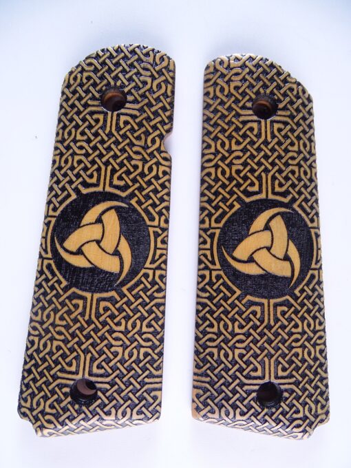 1911 grips, Triple Horn of Odin viking emblem with Celtic checkering engraved in Ivorywood