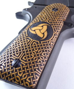 Alternative view of 1911 grips, Triple Horn of Odin viking emblem with Celtic checkering engraved in Ivorywood