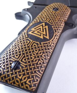 Alternative view of 1911 grips, Valknut viking emblem with Celtic checkering engraved in Ivorywood
