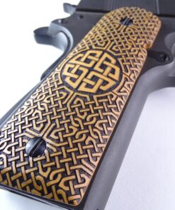 Alternative view of 1911 grips, Celtic Sunrise emblem with Celtic checkering engraved in Ivorywood