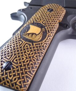 Alternative view of 1911 grips, Viking Longboat with Celtic checkering engraved in Ivorywood
