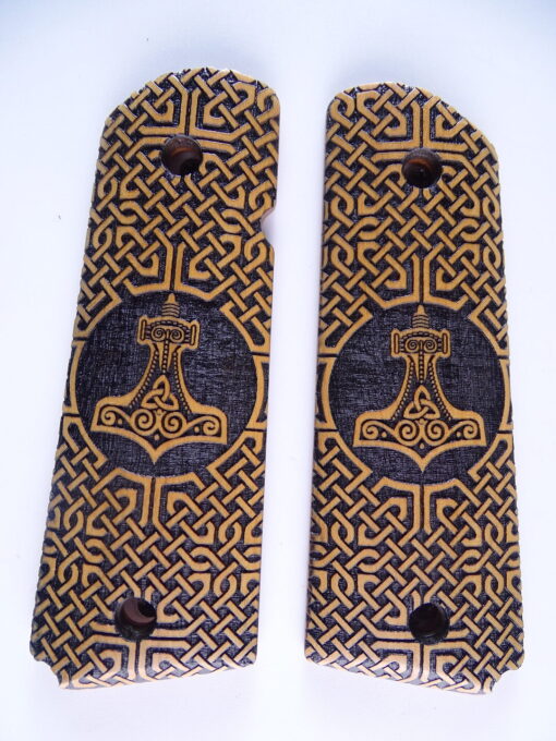 1911 grips, Thors Hammer with Celtic checkering engraved in Ivorywood