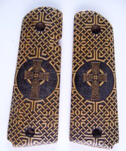 1911 grips, Celtic Iona cross with Celtic checkering engraved in Ivorywood