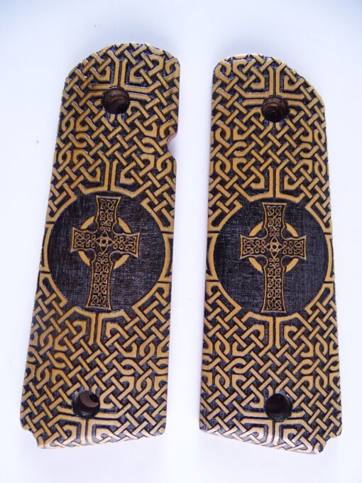 1911 grips, Celtic Iona cross with Celtic checkering engraved in Ivorywood