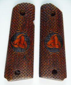 1911 grips, Triple Horn of Odin viking emblem with Celtic checkering engraved in cocobolo