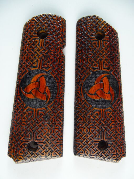 1911 grips, Triple Horn of Odin viking emblem with Celtic checkering engraved in cocobolo