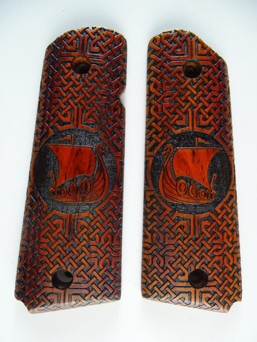 1911 grips, Viking Long Boat with Celtic checkering engraved in cocobolo