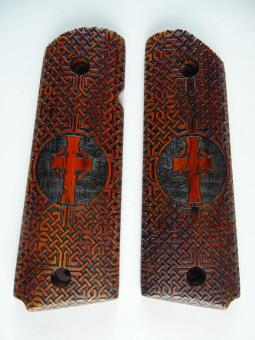1911 grips, Celtic Cross with Celtic checkering engraved in cocobolo