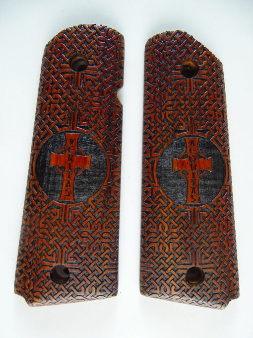 1911 grips, Veritas Aequitas Cross with Celtic checkering engraved in cocobolo