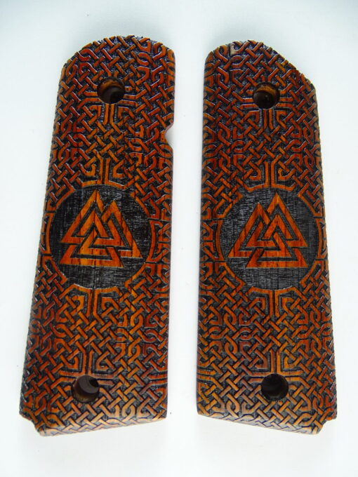 1911 grips, Viking Valknut emblem with Celtic checkering engraved in cocobolo