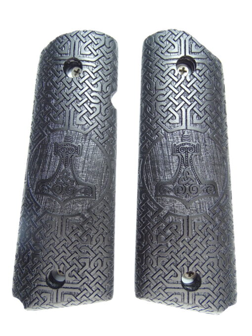 1911 grips, Thors Hammer with Celtic checkering engraved in Ebony