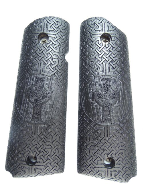 1911 grips, Iona Cross with Celtic checkering engraved in Ebony