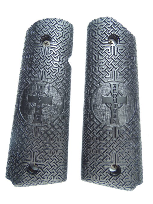 1911 grips, Veritas Aequitas Cross with Celtic checkering engraved in Ebony