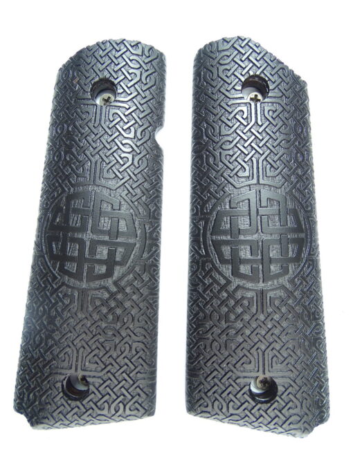 1911 grips, Celtic Sunrise emblem with Celtic checkering engraved in Ebony
