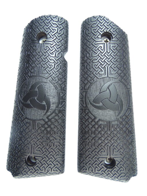 1911 grips, Triple Horn of Odin with Celtic checkering engraved in Ebony