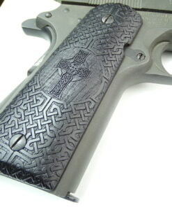 Alternative view of 1911 grips, Iona Cross with Celtic checkering engraved in Ebony
