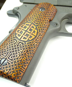 Alternative view of 1911 grips, Celtic Sunrise emblem with Celtic checkering engraved in cocobolo