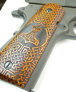 Alternative view of 1911 grips, Thors Hammer with Celtic checkering engraved in cocobolo