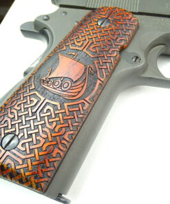 Alternative view of 1911 grips, Viking Long Boat with Celtic checkering engraved in cocobolo