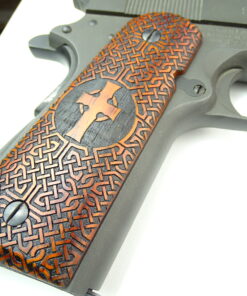 Alternative view of 1911 grips, Celtic Cross with Celtic checkering engraved in cocobolo