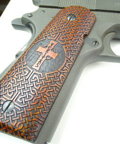 Alternative view of 1911 grips, Veritas Aequitas Cross with Celtic checkering engraved in cocobolo