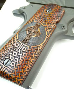 Alternative view of 1911 grips, Iona Cross with Celtic checkering engraved in cocobolo