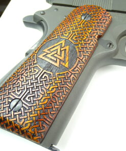 Alternative view of 1911 grips, Viking Valknut emblem with Celtic checkering engraved in cocobolo