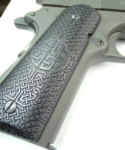 Alternative view of 1911 grips, Celtic Sunrise emblem with Celtic checkering engraved in Ebony