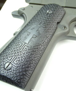 Alternative view of 1911 grips, Celtic Cross with Celtic checkering engraved in Ebony
