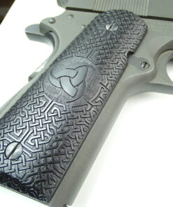 Alternative view of 1911 grips, Triple Horn of Odin with Celtic checkering engraved in Ebony