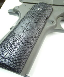 Alternative view of 1911 grips, Veritas Aequitas Cross with Celtic checkering engraved in Ebony