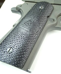 Alternative view of 1911 grips, Viking Valknut emblem with Celtic checkering engraved in Ebony