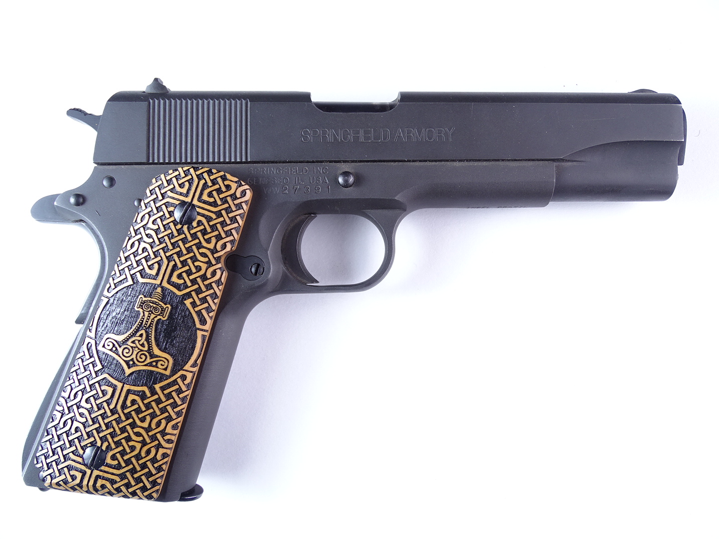 1911 Full Size Engraved Walnut Wood Grips – Viking Thor Hammer Mjölnir & Ouroboros Design