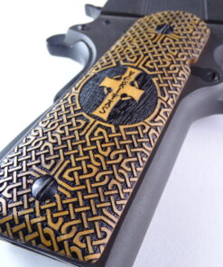 Alternative view of 1911 grips, Veritas Aequitas cross with Celtic checkering engraved in Ivorywood