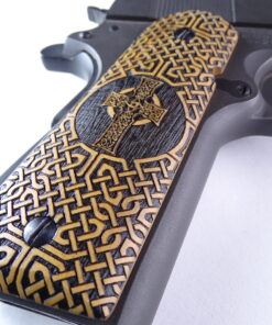 Alternative view of 1911 grips, Celtic Iona cross with Celtic checkering engraved in Ivorywood
