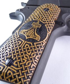 Alternative view of 1911 grips, Thors Hammer with Celtic checkering engraved in Ivorywood