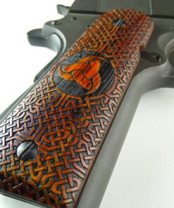 Alternative view of 1911 grips, Triple Horn of Odin viking emblem with Celtic checkering engraved in cocobolo