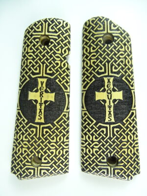 1911 grips, Veritas Aequitas cross with Celtic checkering engraved in Ivorywood