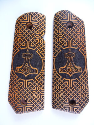 1911 grips, Thors Hammer with Celtic checkering engraved in Orangeheart wood, Bobtail